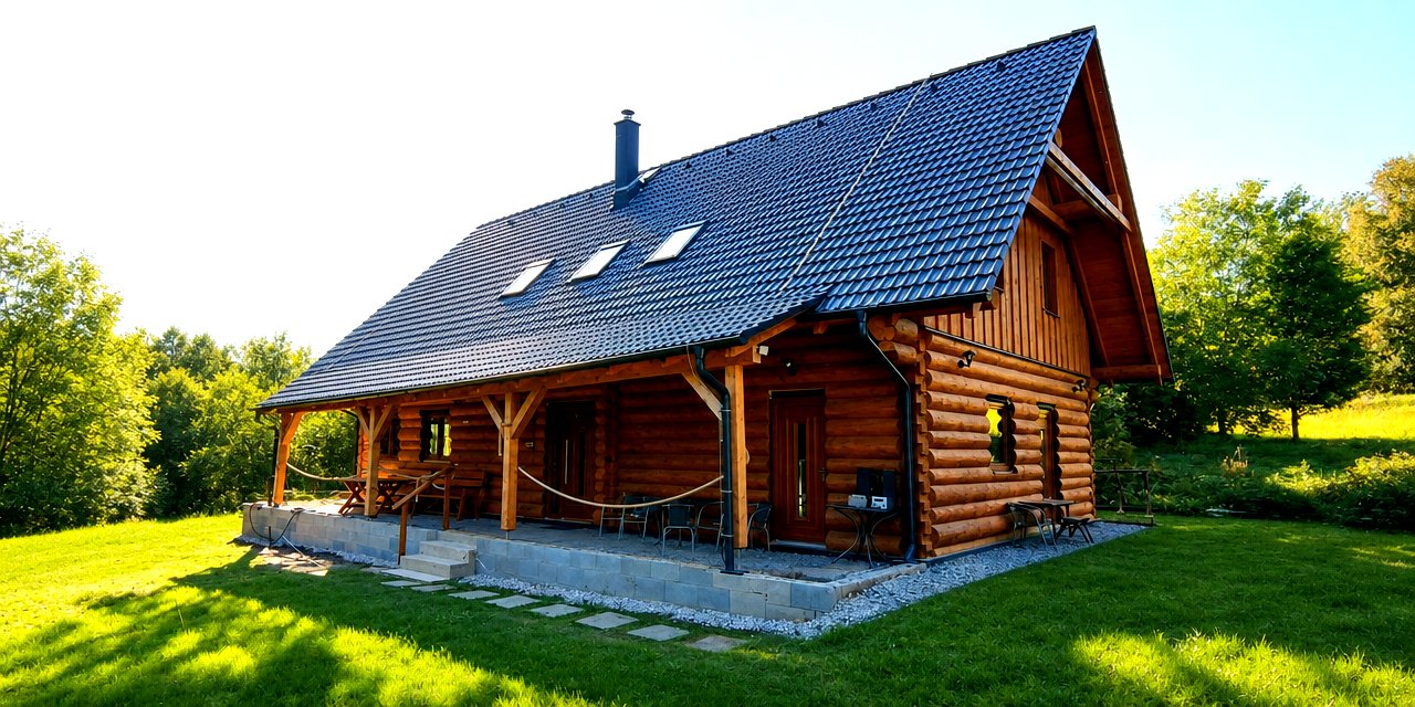 Chata u Lubátka - dřevěná roubenka s modrá střechou v zelené přírodě Jeseníků
